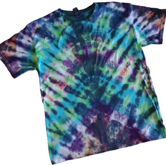 Hand Crafted Other - Handmade Abstract Tie Dye T-Shirt Green Purple Black Blue Pink Kids Size Medium